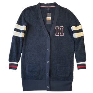 Tommy Hilfiger Women Sweatshirt S/P Navy Letter H Patch Embroidery Long Cardigan